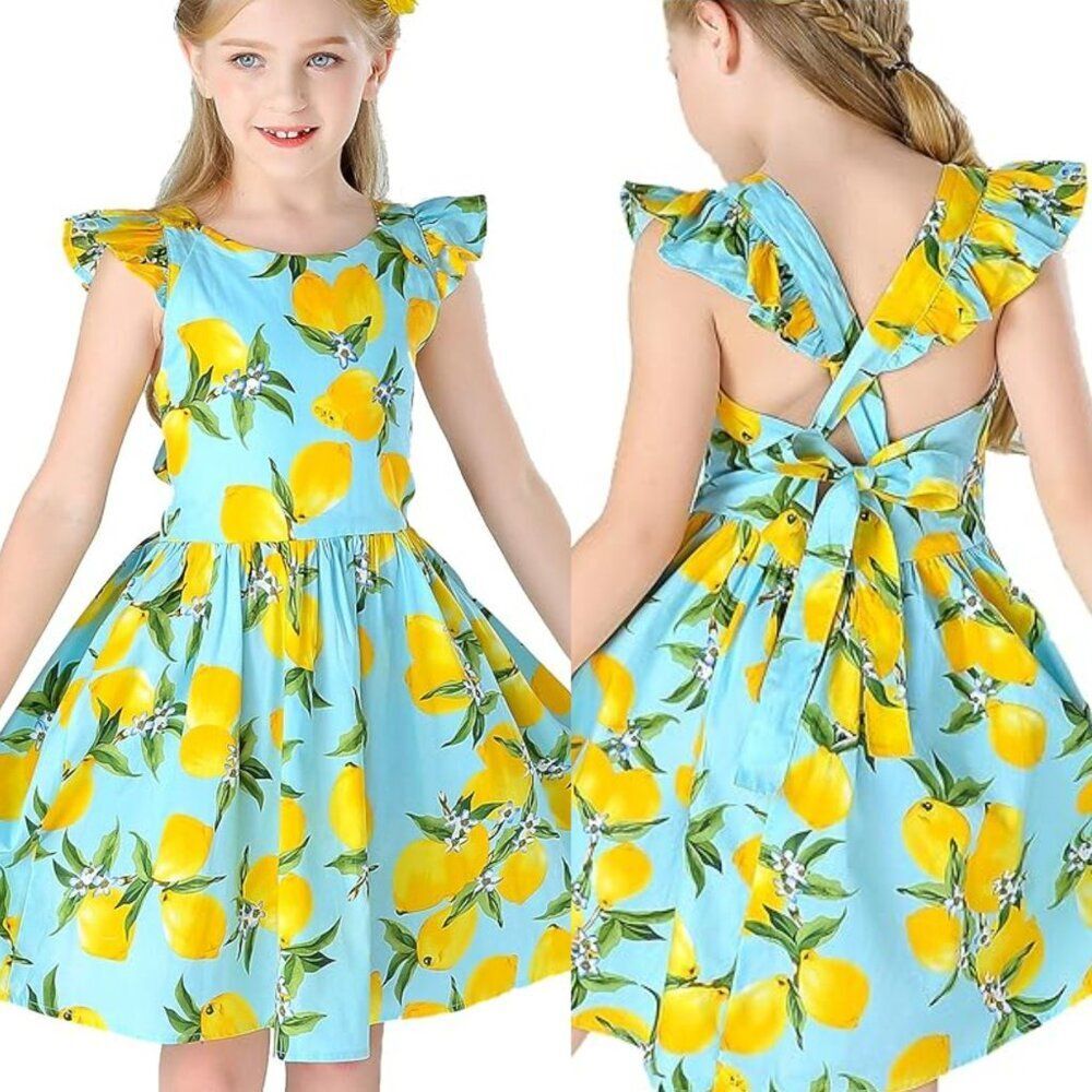 Lemon Print Dress in Blue and Yellow Size 2T